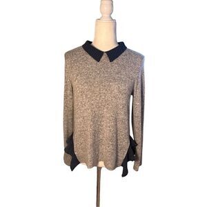 Monteau gray knit long sleeve top with navy blue and white polka dot collar and